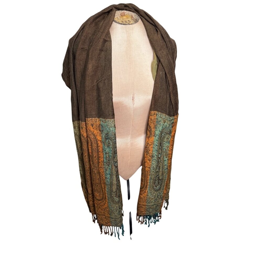 Multicolored Silk Cashmere Viscose Paisley Shawl Stole Wrap Scarf Fringe 28x80